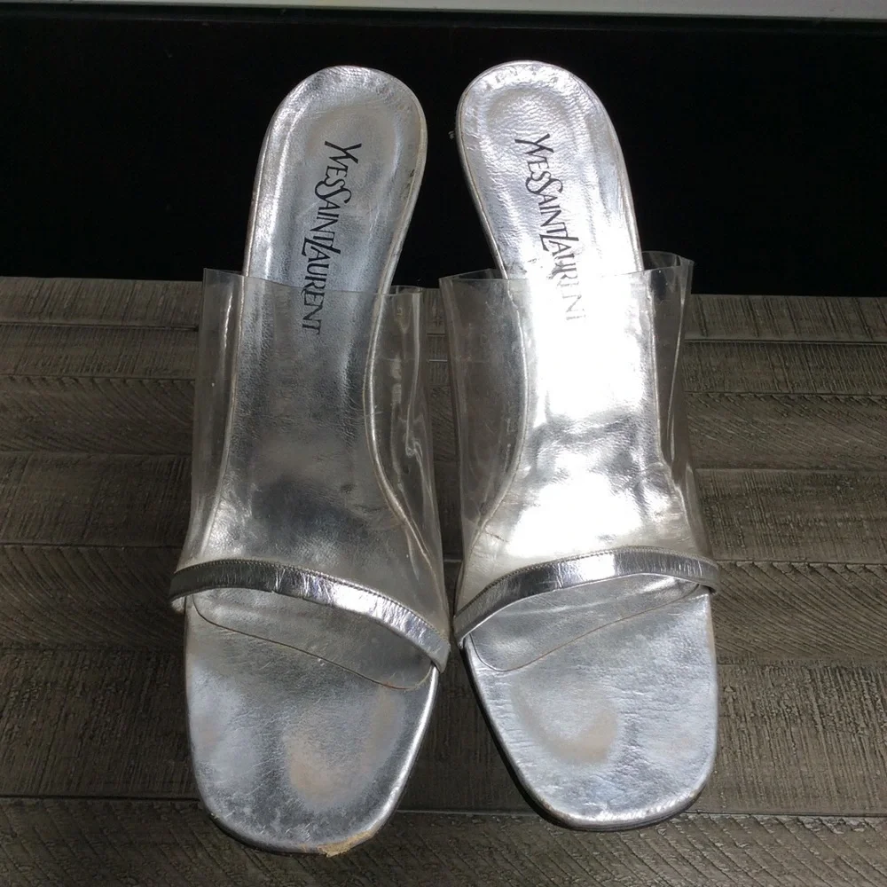 vintage Yves Saint Laurent silver and clear lucite mules with mirror finish
